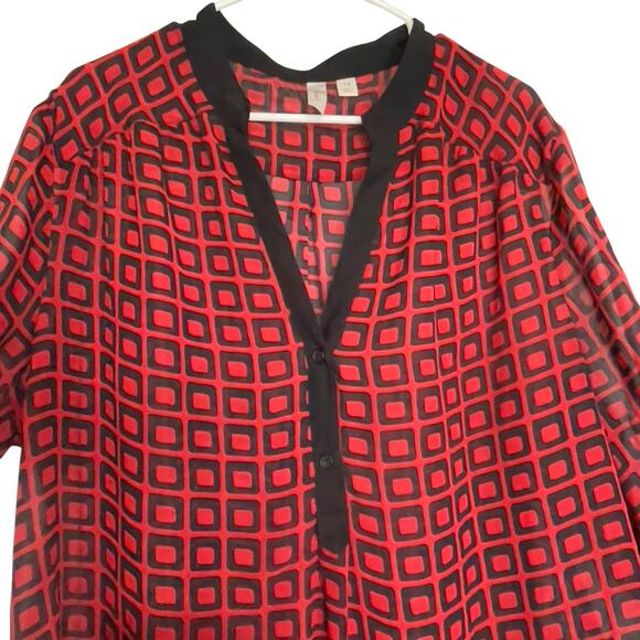 Tacera Women Plus 3XL Sheer Tunic Blouse Red & Black Geometric Print Long Sleeve - Picture 4 of 8